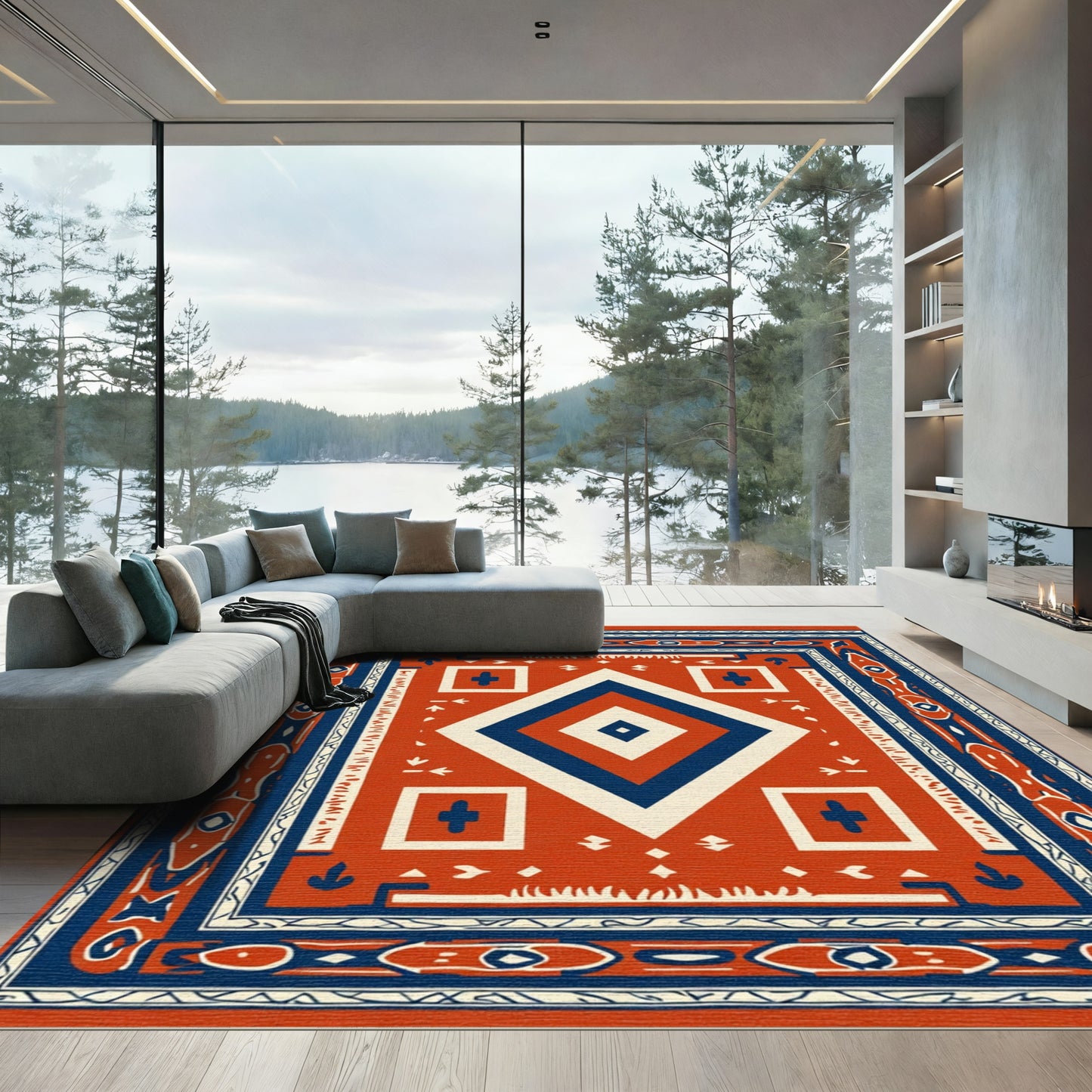 Bold Red Geometric Diamond Medallion Rug
