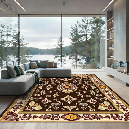 Ornate Brown Scroll Medallion Rug
