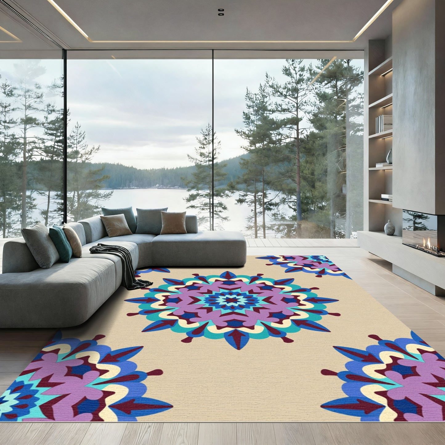 Ornate Mandala Purple Blue Cream Rug
