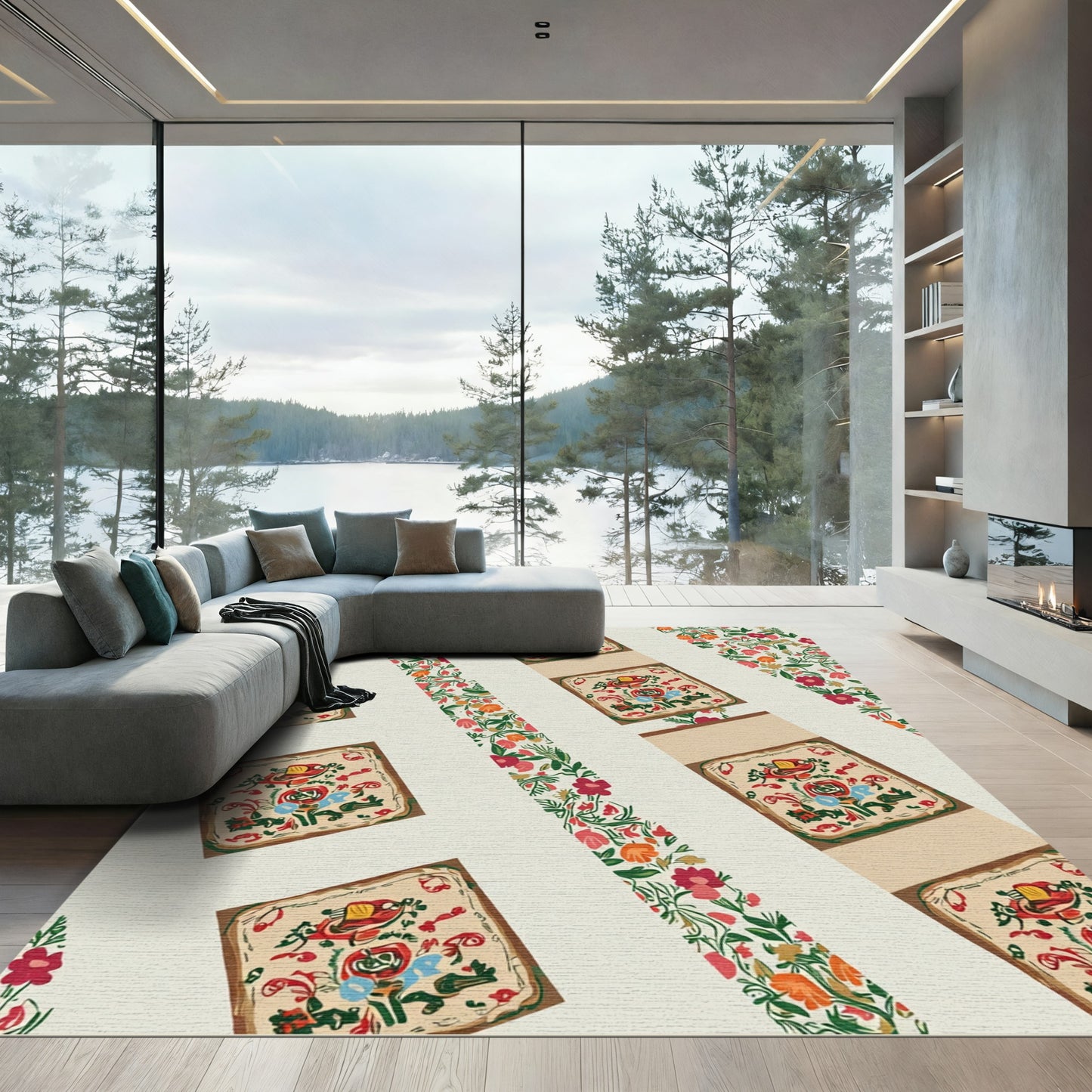 Red Floral Square Folk Art Rug