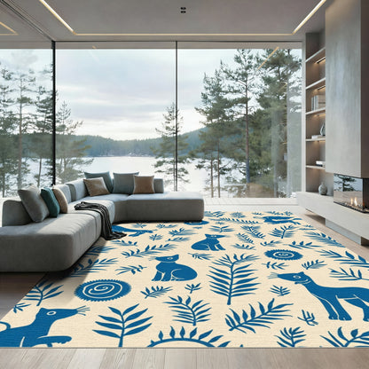 Blue Feline Botanical Folk Art Rug