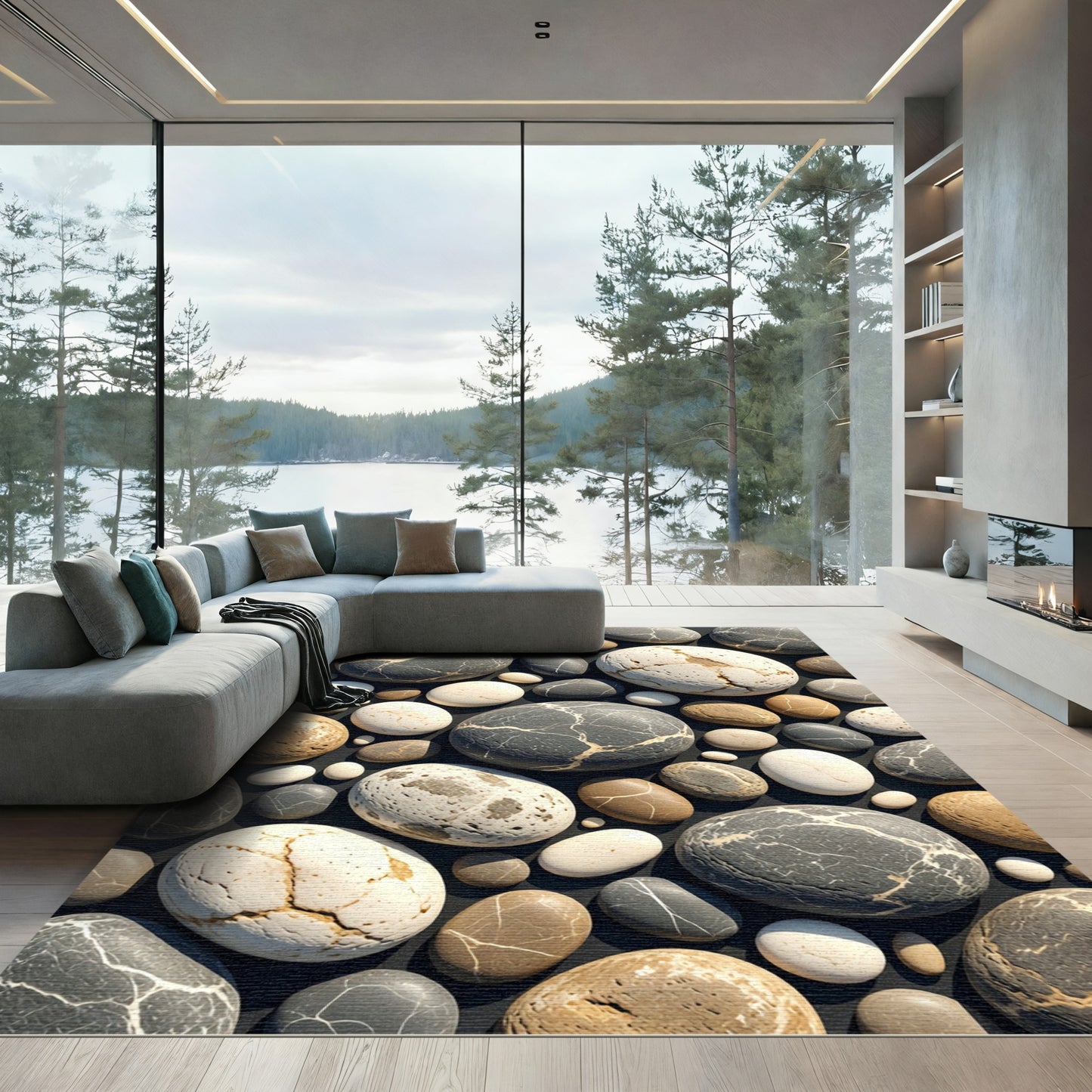 Earthy Gray Pebble Stone Nature Rug