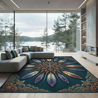 Teal Golden Feather Mandala Art Rug