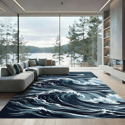 Deep Blue Crashing Ocean Waves Rug