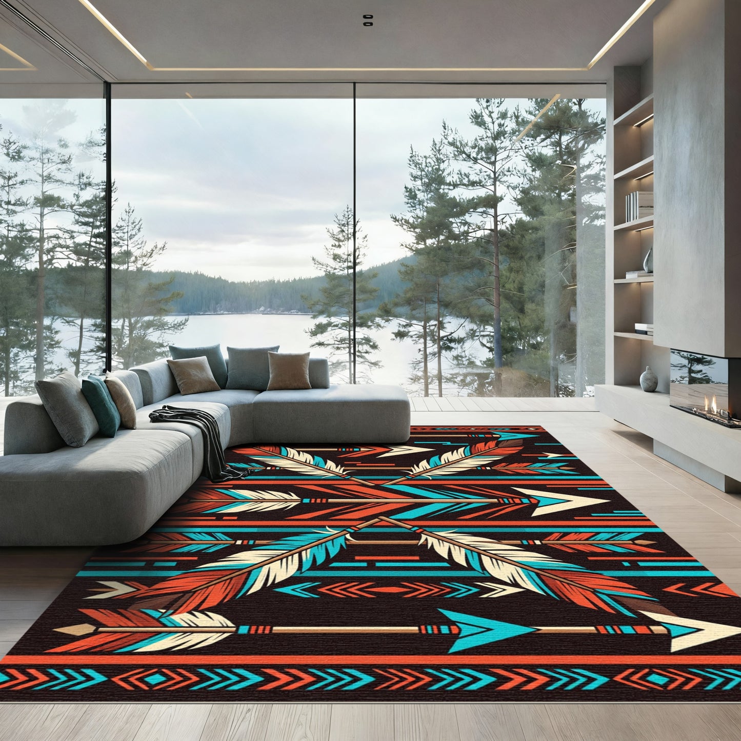 Geometric Tribal Arrow Ink Feathered Tapestry Rug