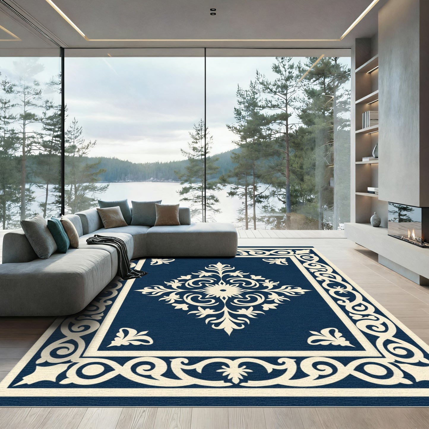 Classic Navy Cream Scrollwork Medallion Rug