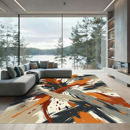 Abstract Earthy Orange and Charcoal Brushstroke Rug