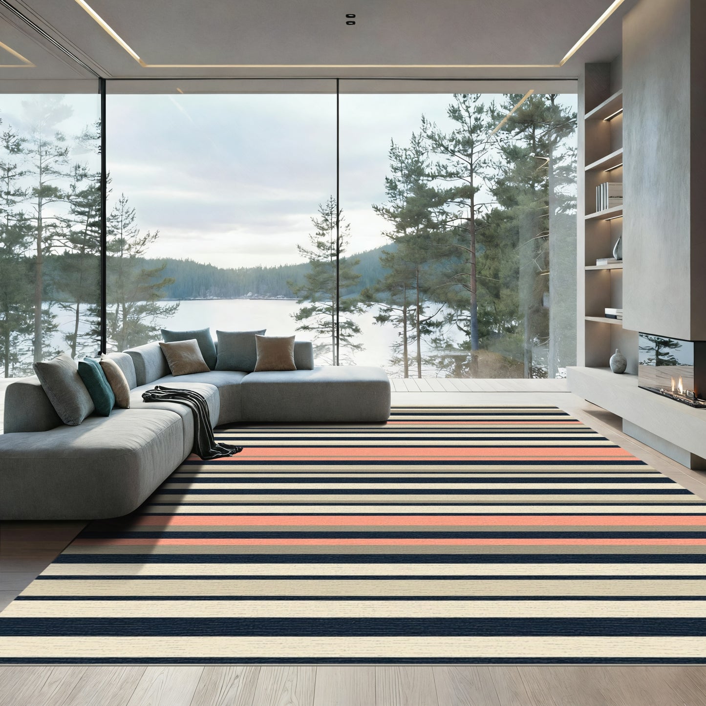 Coral Tan Stripe Contemporary Rug