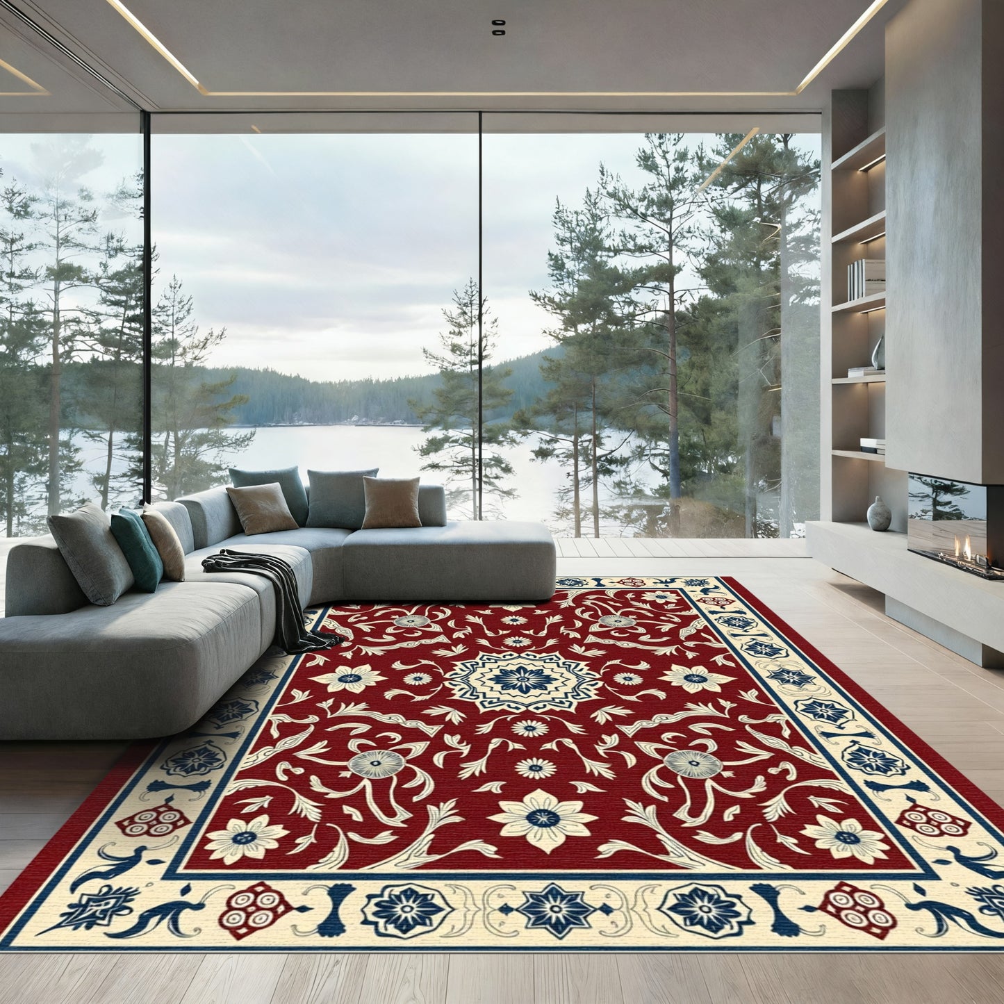 Crimson Blue Floral Medallion Border Rug
