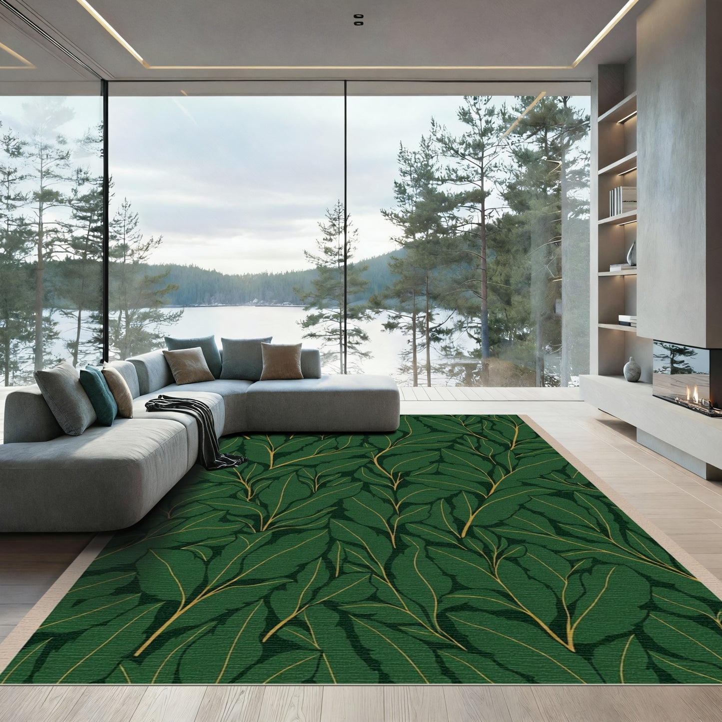 Deep Emerald Green Leafy Branches Rug