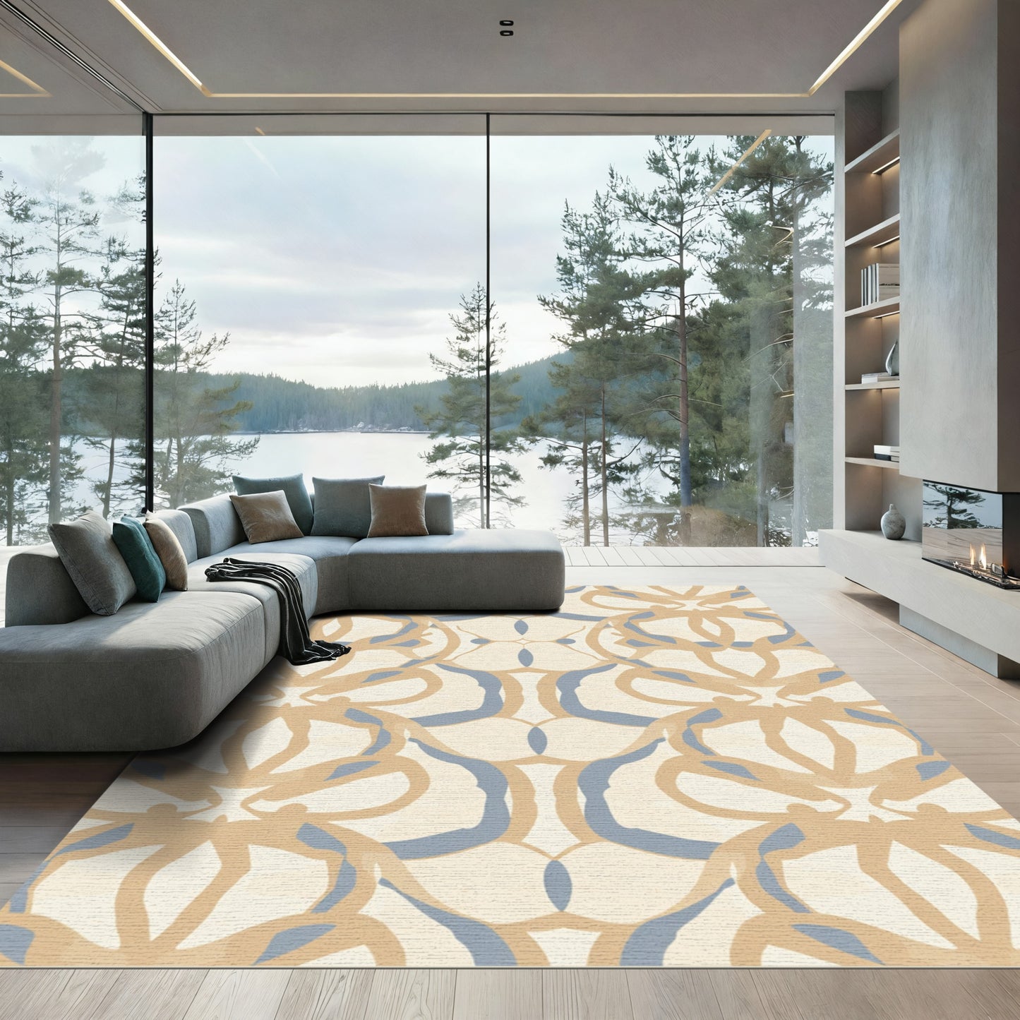 Cream Blue Abstract Organic Symmetry Rug