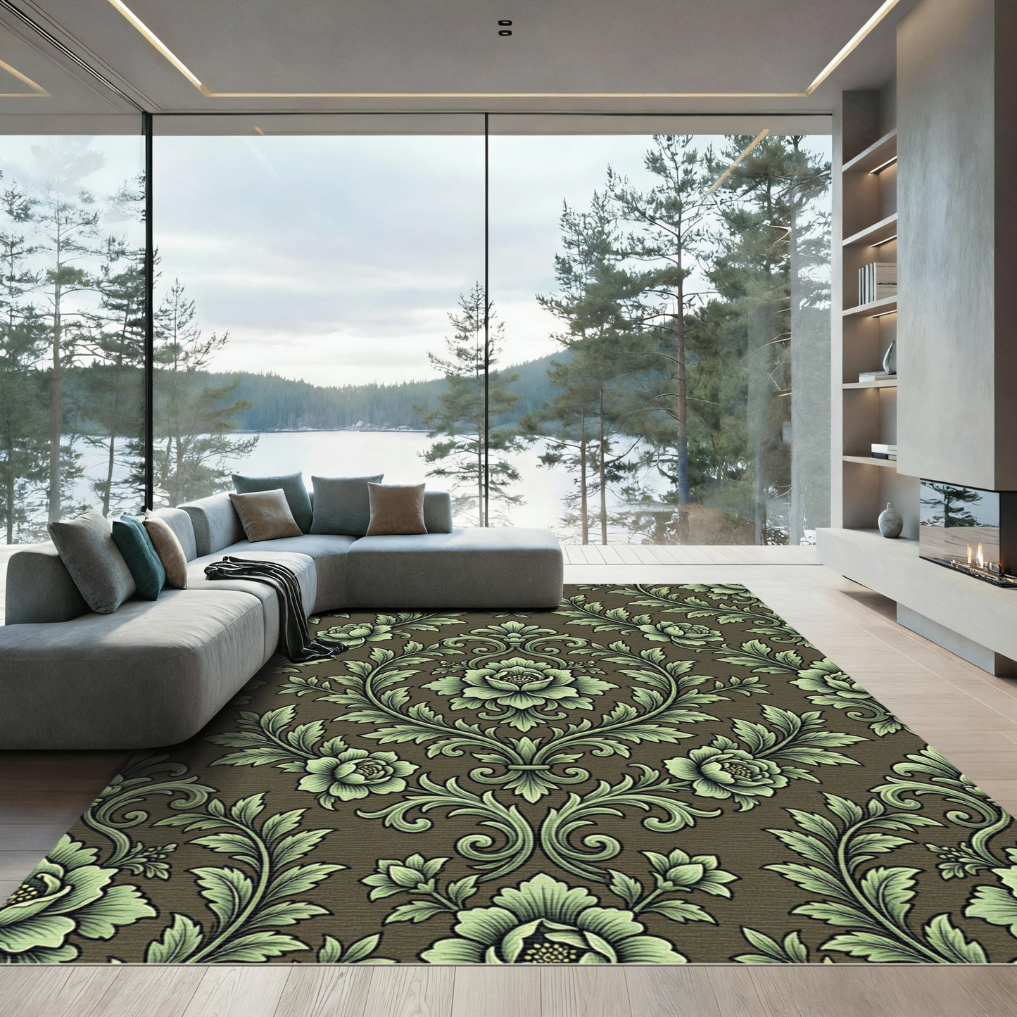 Elegant Sage Green Damask Floral Scroll Rug