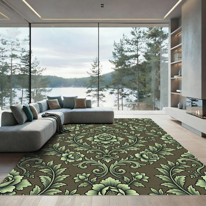 Elegant Sage Green Damask Floral Scroll Rug
