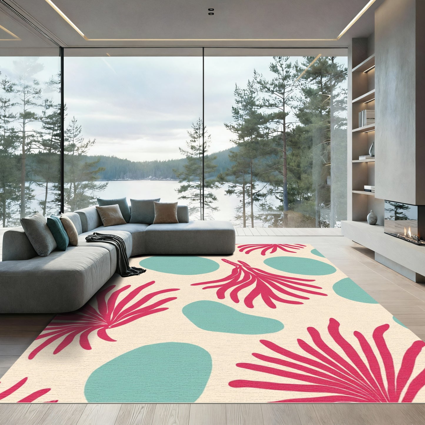 Coral Abstract Shapes With Spiky Blooms Rug
