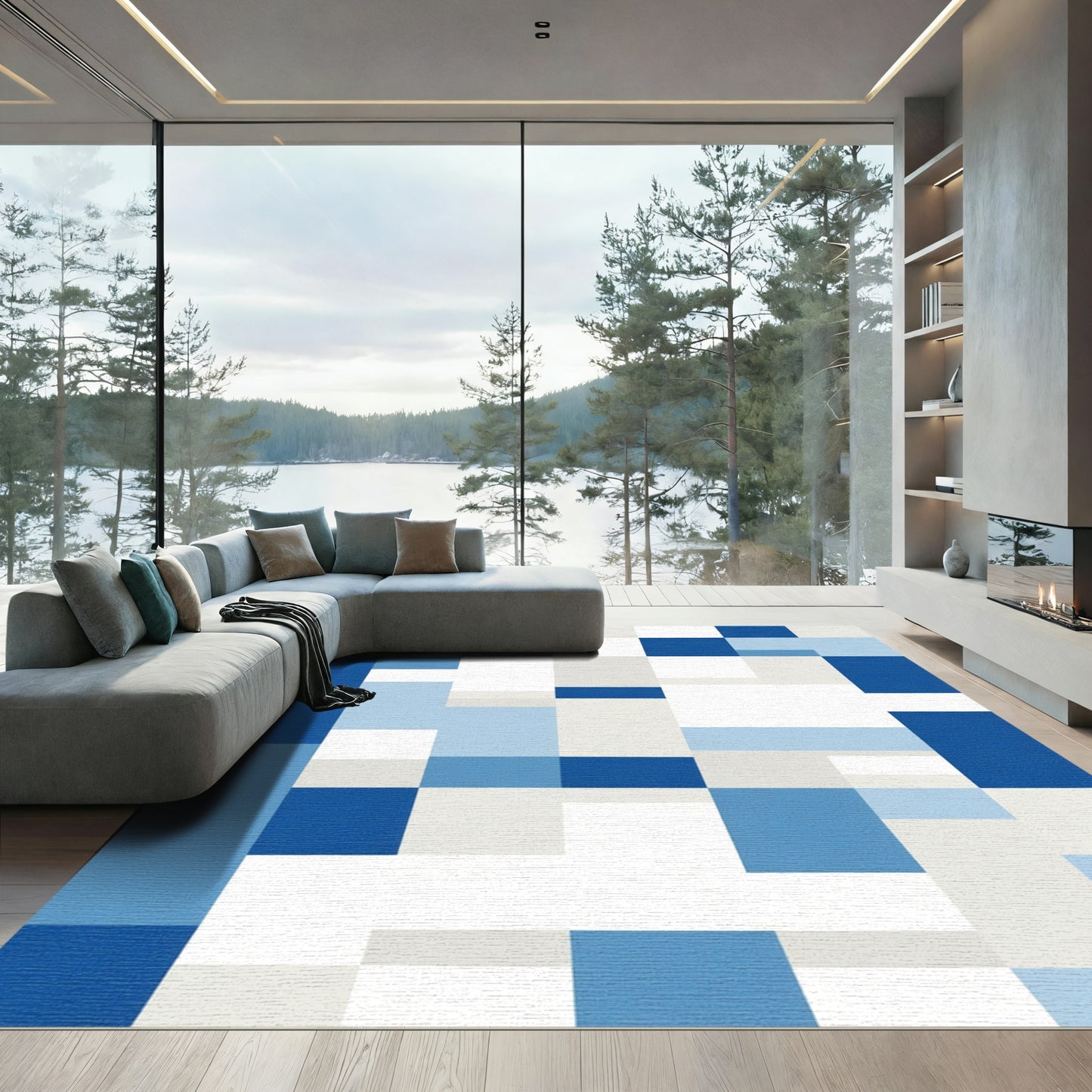 Abstract Blue Rectangles Composition Rug