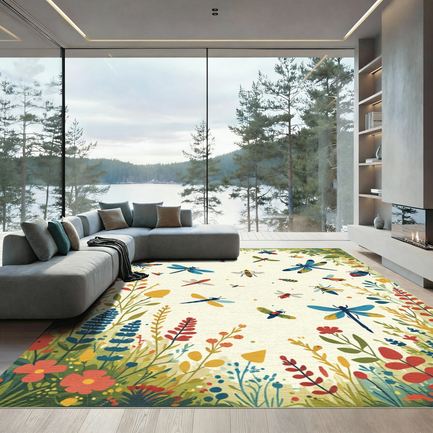 Whimsical Meadow Bug and Dragonfly Collection Rug