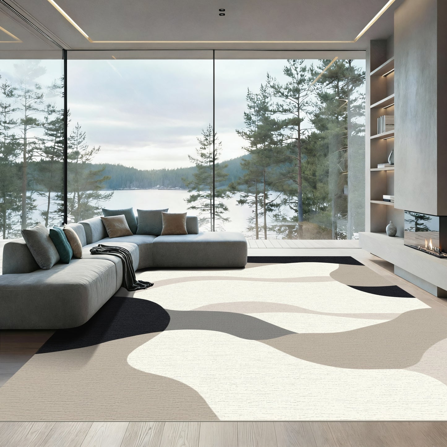 Abstract Beige Black Wavy Terrain Rug