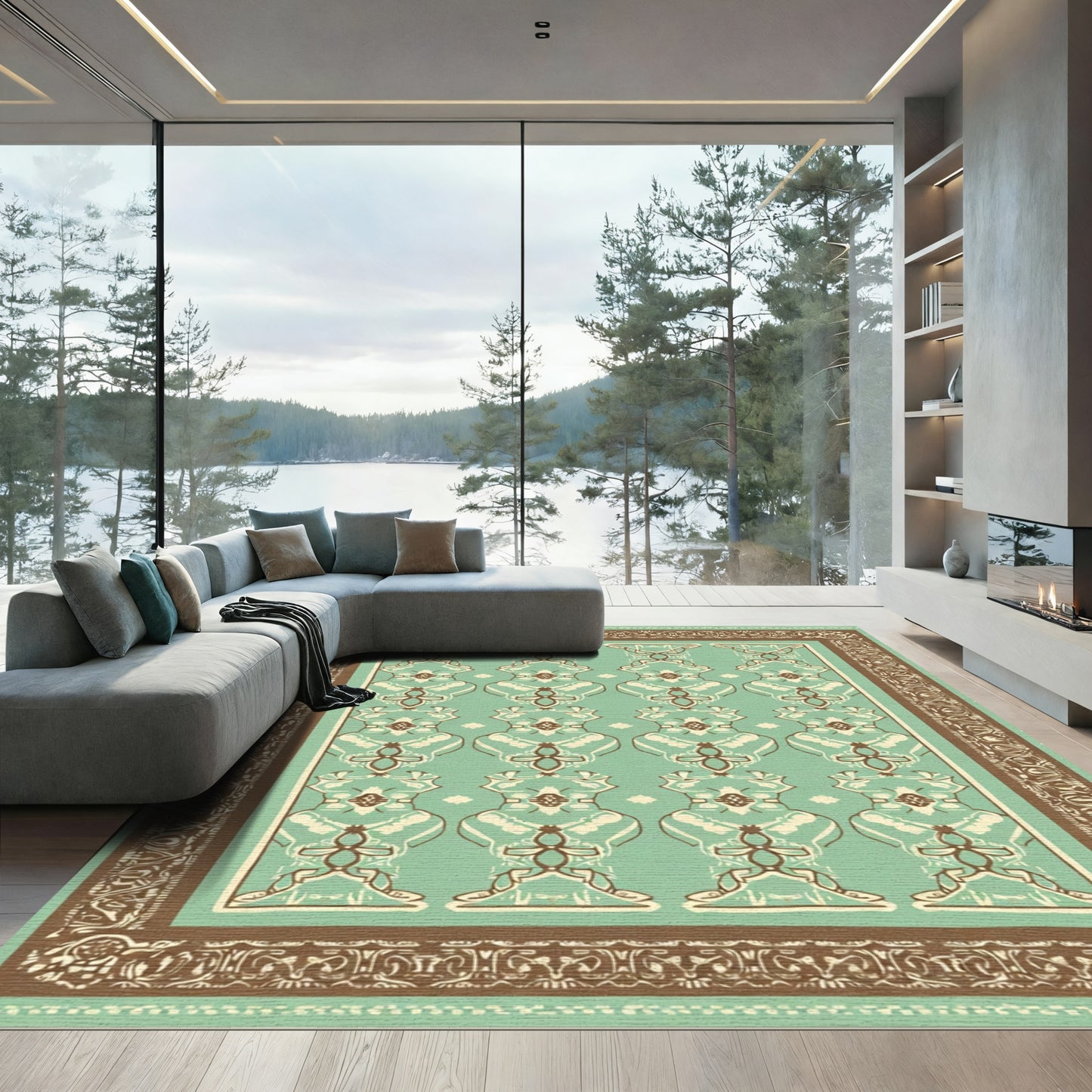 Vintage Mint And Brown Ornamental Rug