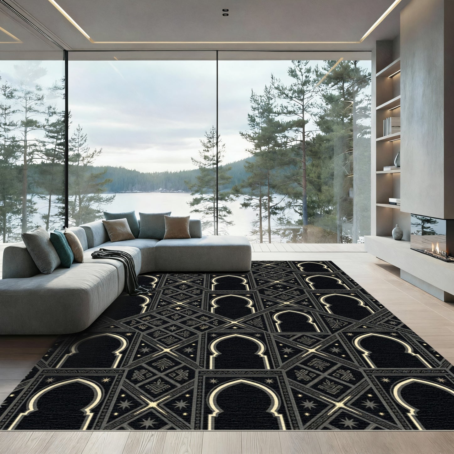 Black Gold Arabesque Geometric Inlay Rug