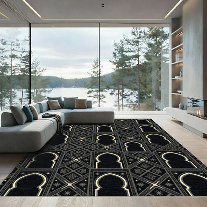 Black Gold Arabesque Geometric Inlay Rug