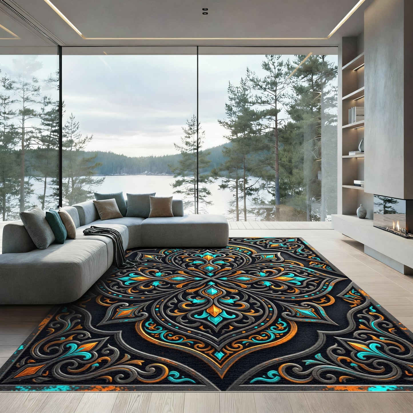 Ornate Gold and Turquoise Filigree Medallion Rug