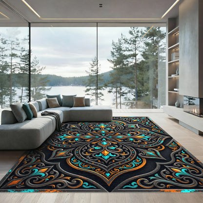 Ornate Gold and Turquoise Filigree Medallion Rug