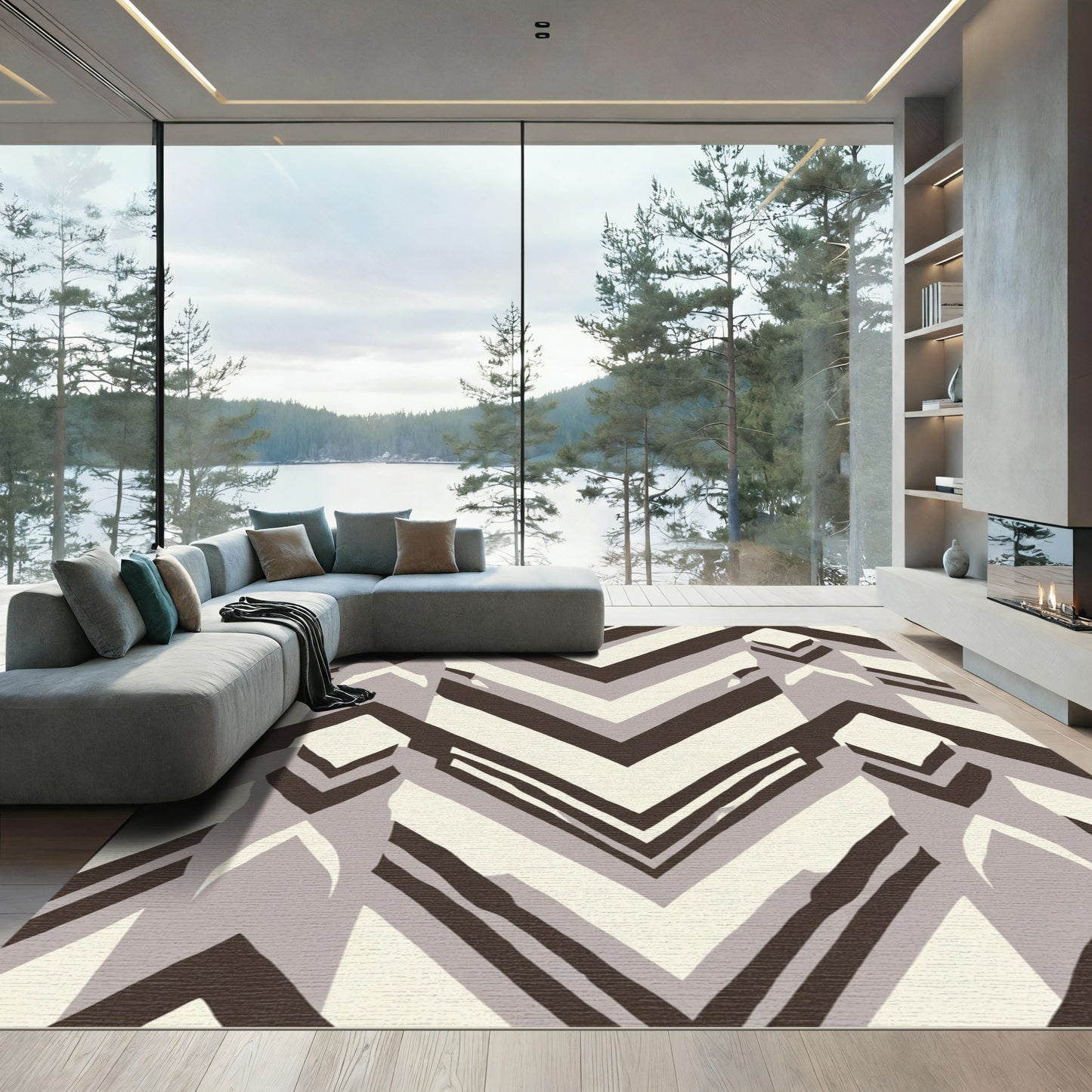 Modern Brown Geometric Chevron Rug