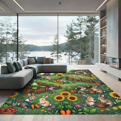 Whimsical Garden Rabbits with Sunflowers Rug