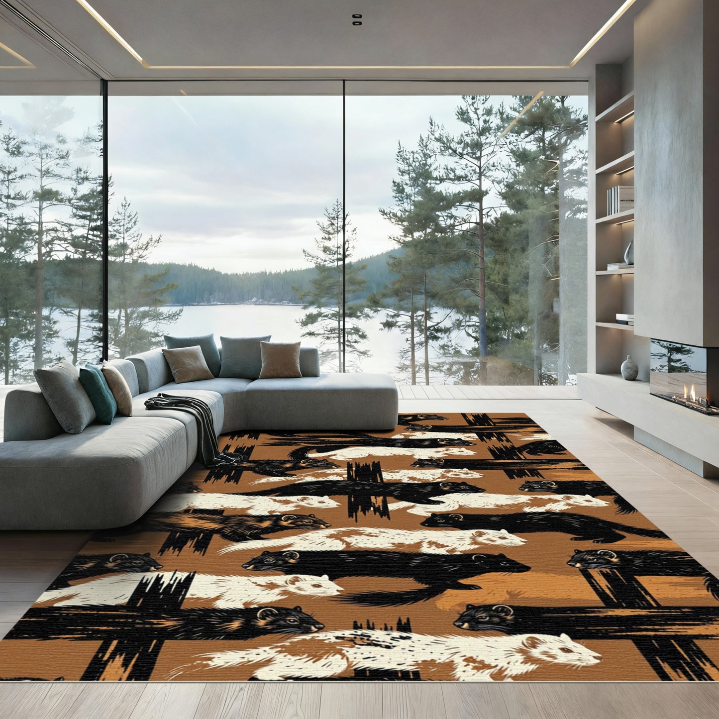 Running Ferrets Brown Black Whales Rug