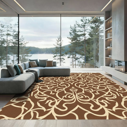 Chocolate Cream Damask Scroll Rug