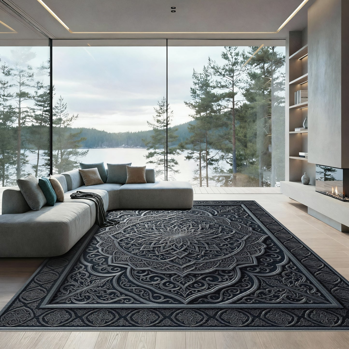 Silver Intricate Floral Mandala Rug