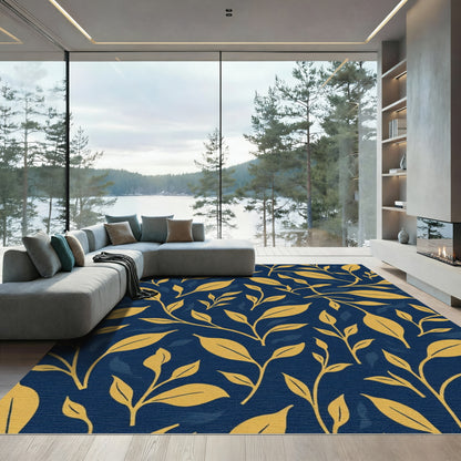 Golden Branches Dark Blue Foliage Rug