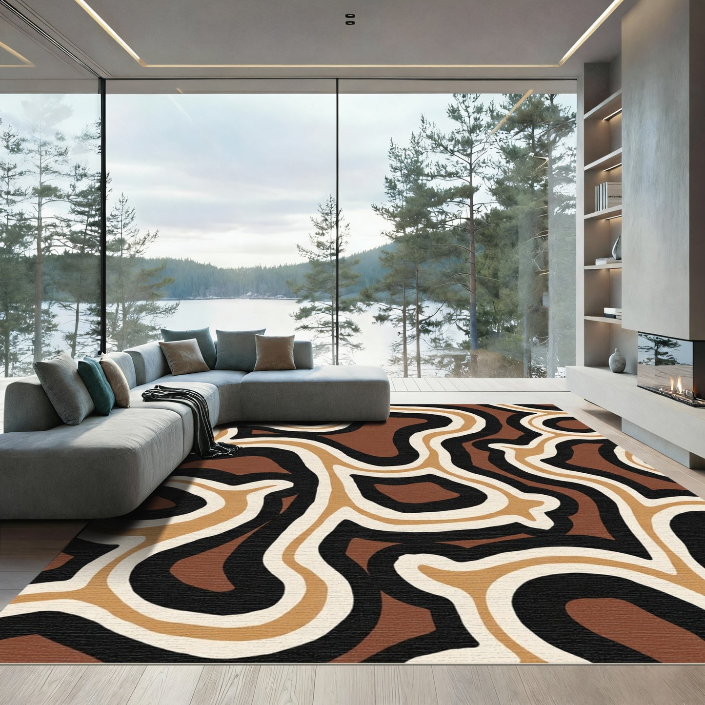 Organic Brown Cream Black Wavy Rug