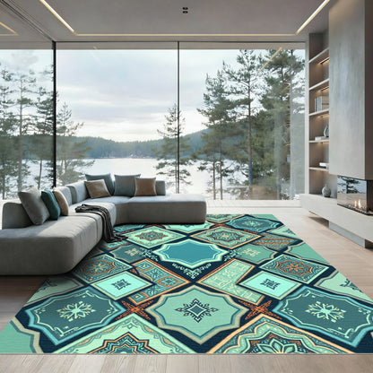 Teal Geometric Mosaic Tile Medallion Rug