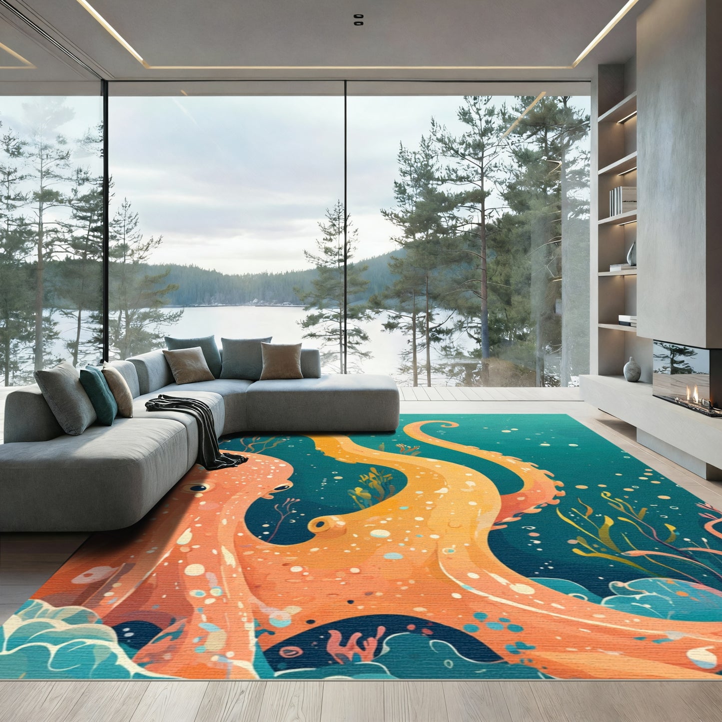 Orange Octopus Underwater Dreamscape Rug