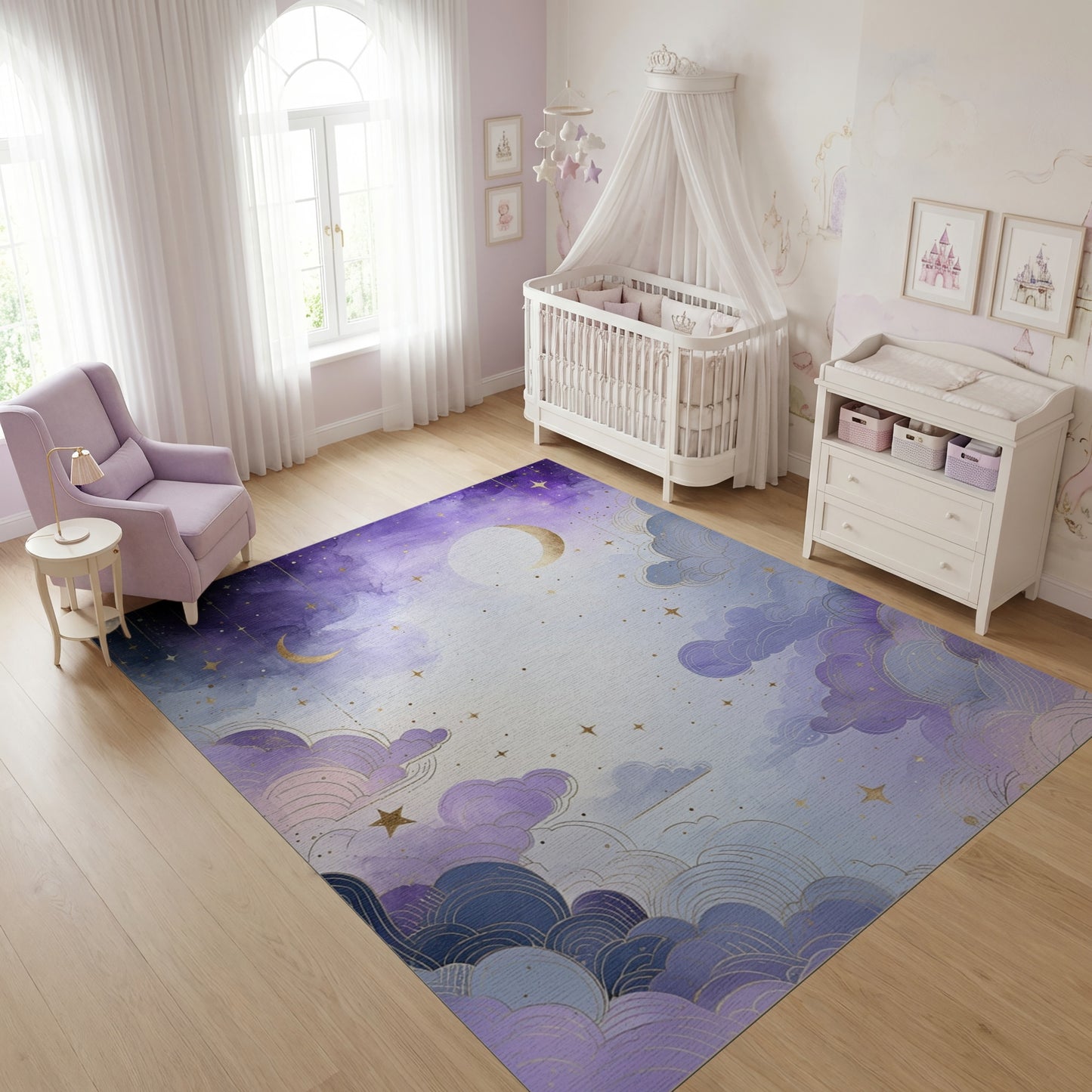 Dreamy Purple Clouds Stars Golden Moons Rug