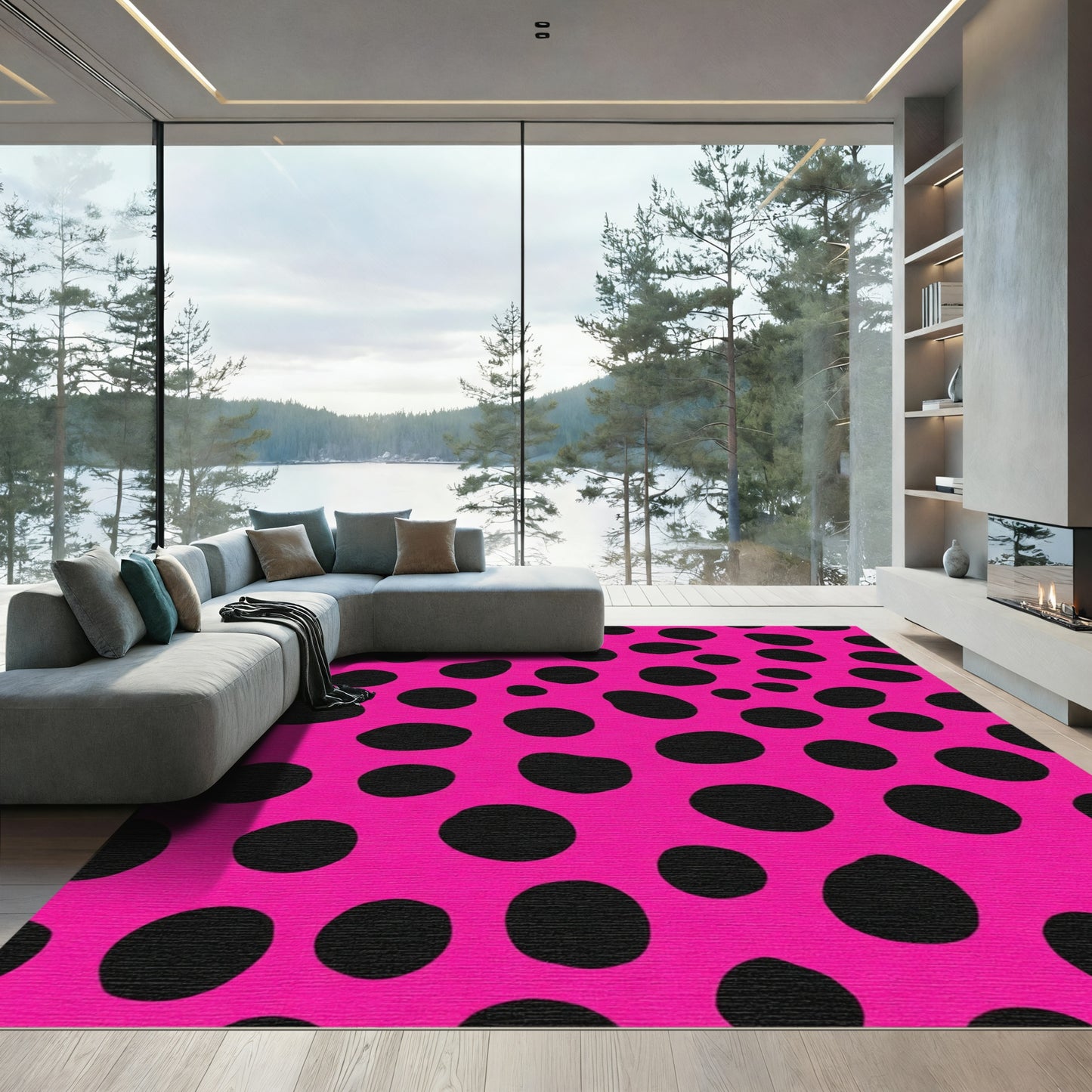 Bright Pink Black Polka Dot Rug
