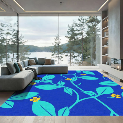 Teal Leaf and Yellow Flower Vine Rug