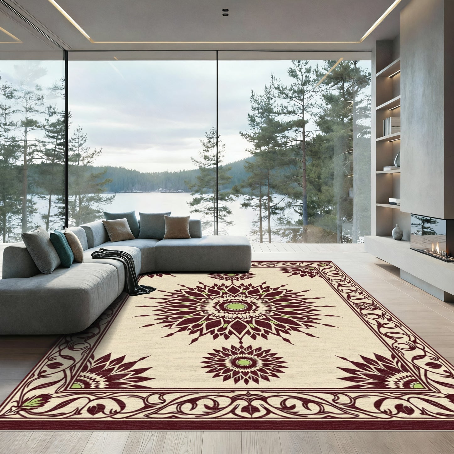 Deep Burgundy Floral Sunburst Mandala Rug