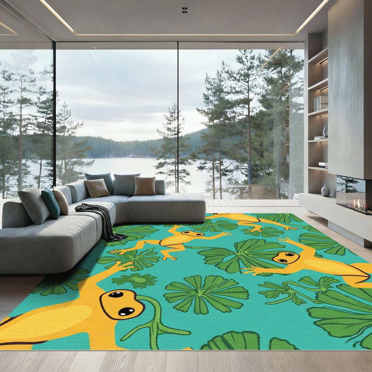 Yellow Frogs Green Lily Pads Aqua Background Rug