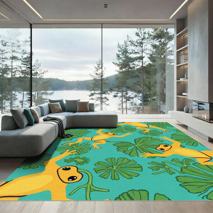 Yellow Frogs Green Lily Pads Aqua Background Rug