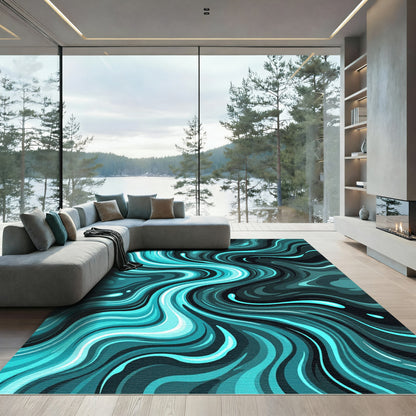 Abstract Teal Swirl Fluid Ribbons Rug