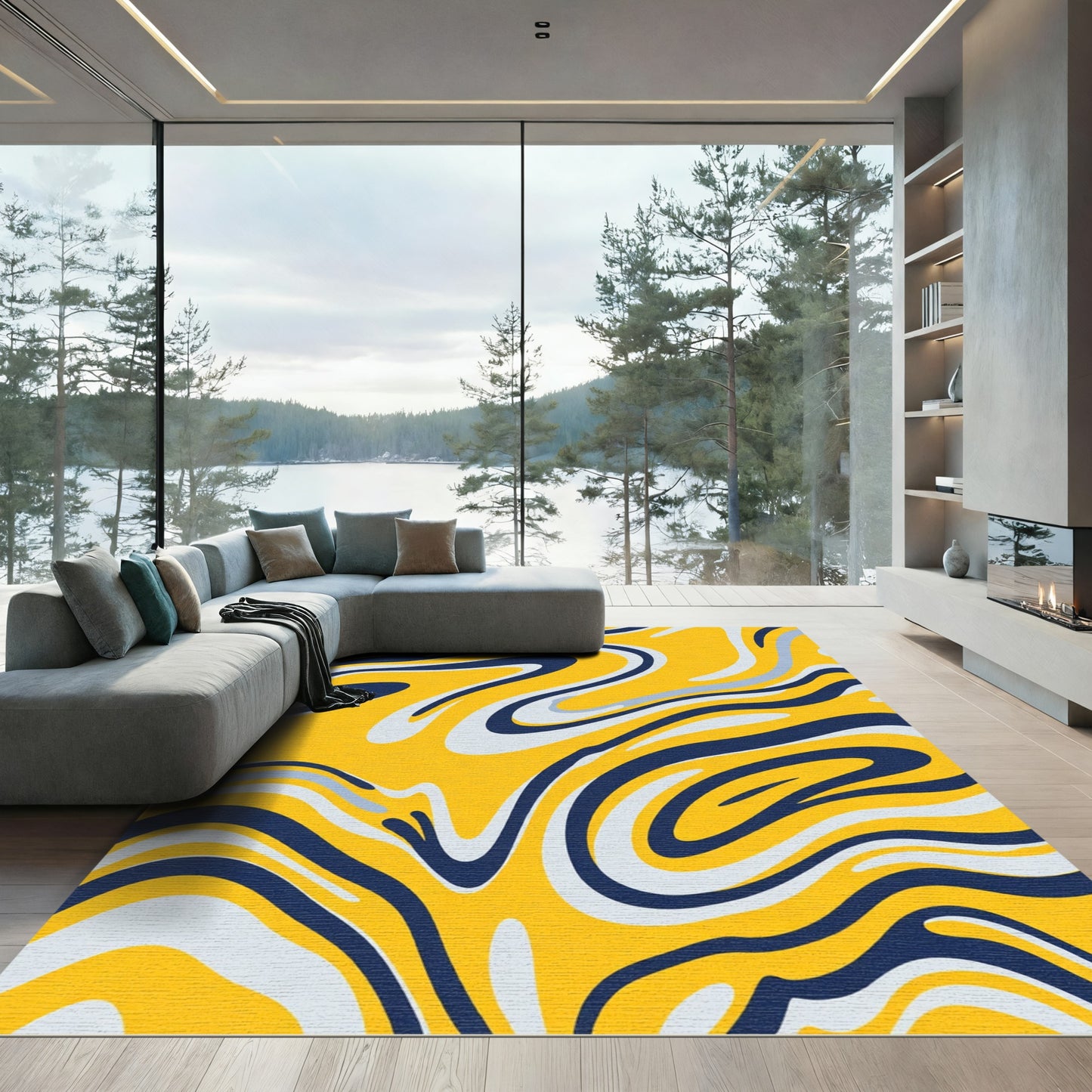 Golden Blue Swirl Liquid Art Rug