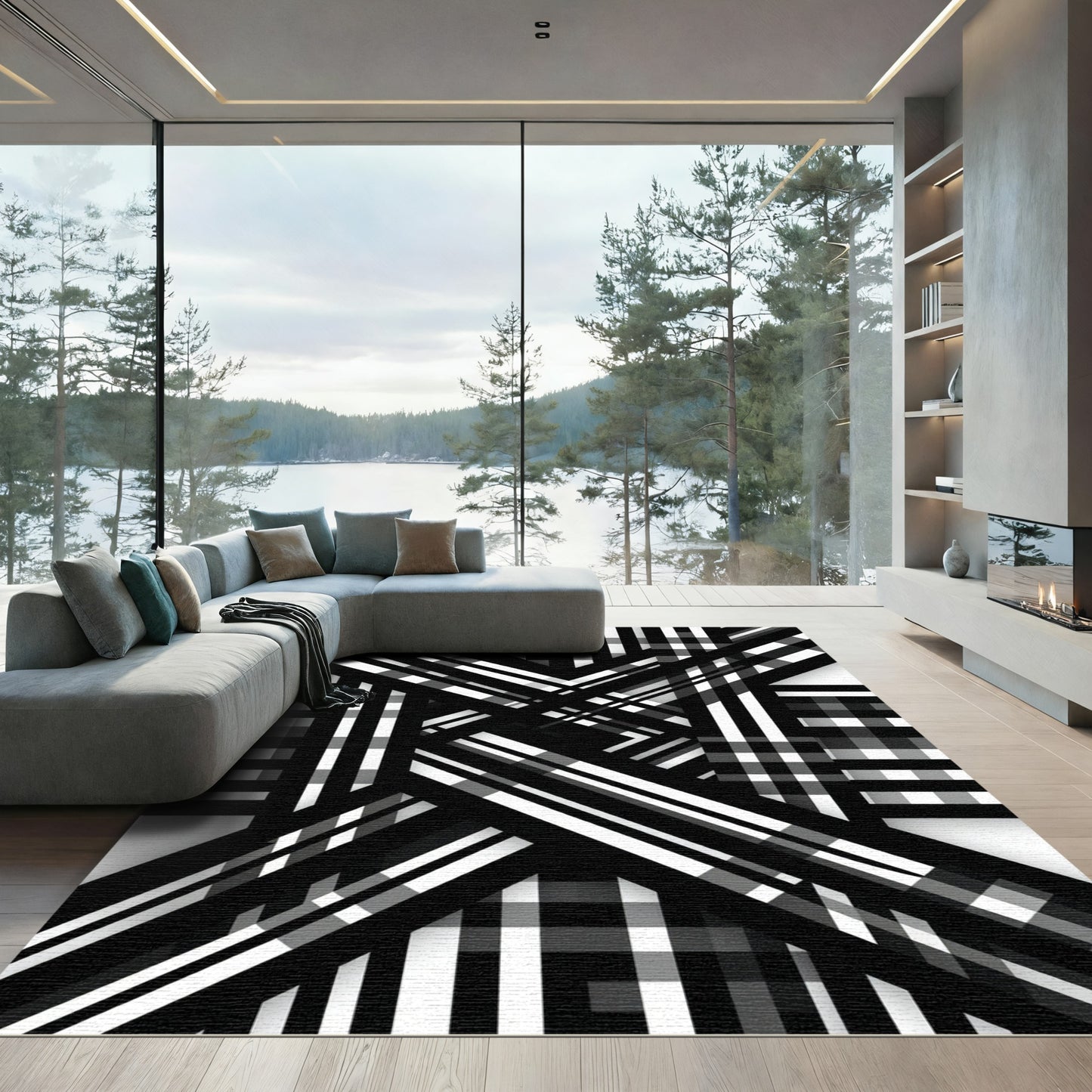 Black White Intersecting Stripes Rug