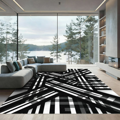 Black White Intersecting Stripes Rug