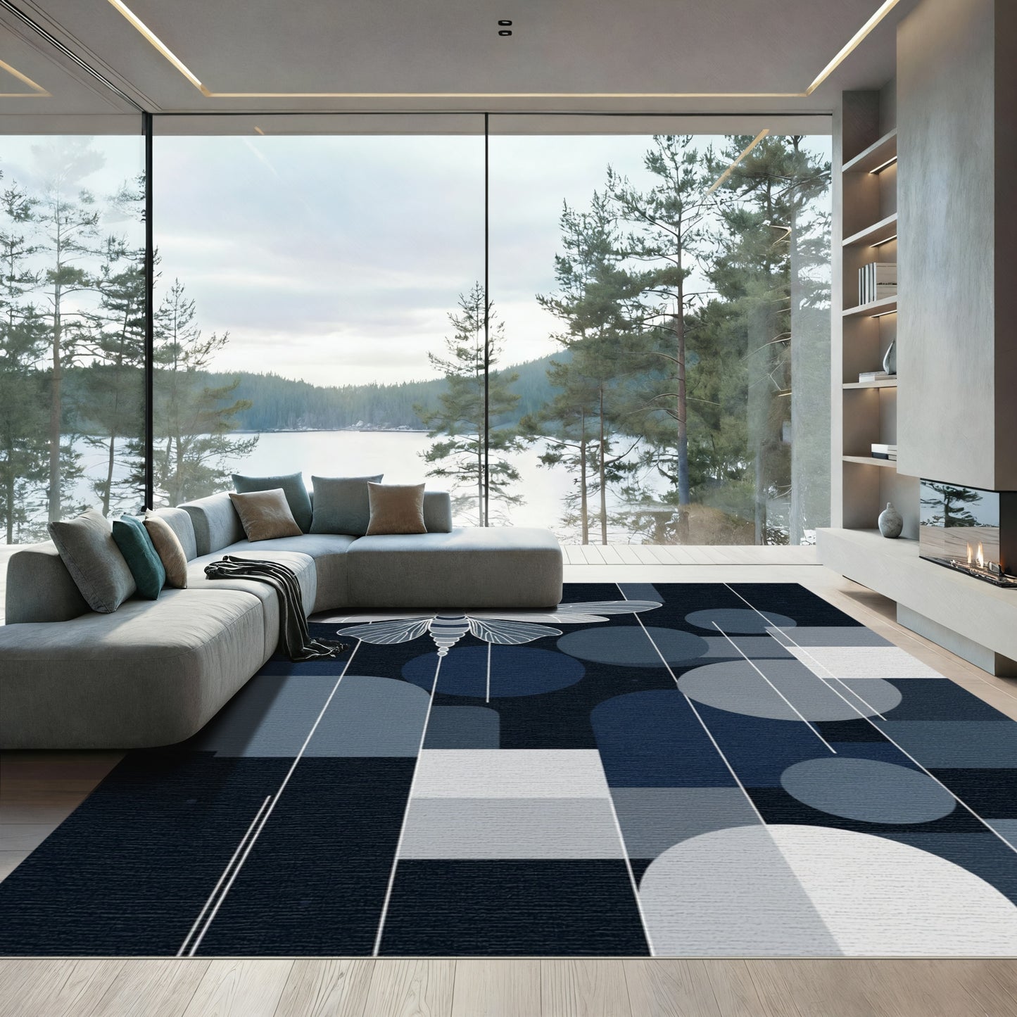 Minimalist Grey Moth Geometric Collage Rug