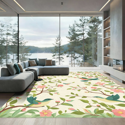 Pink Blossom Birds Garden Scene Rug