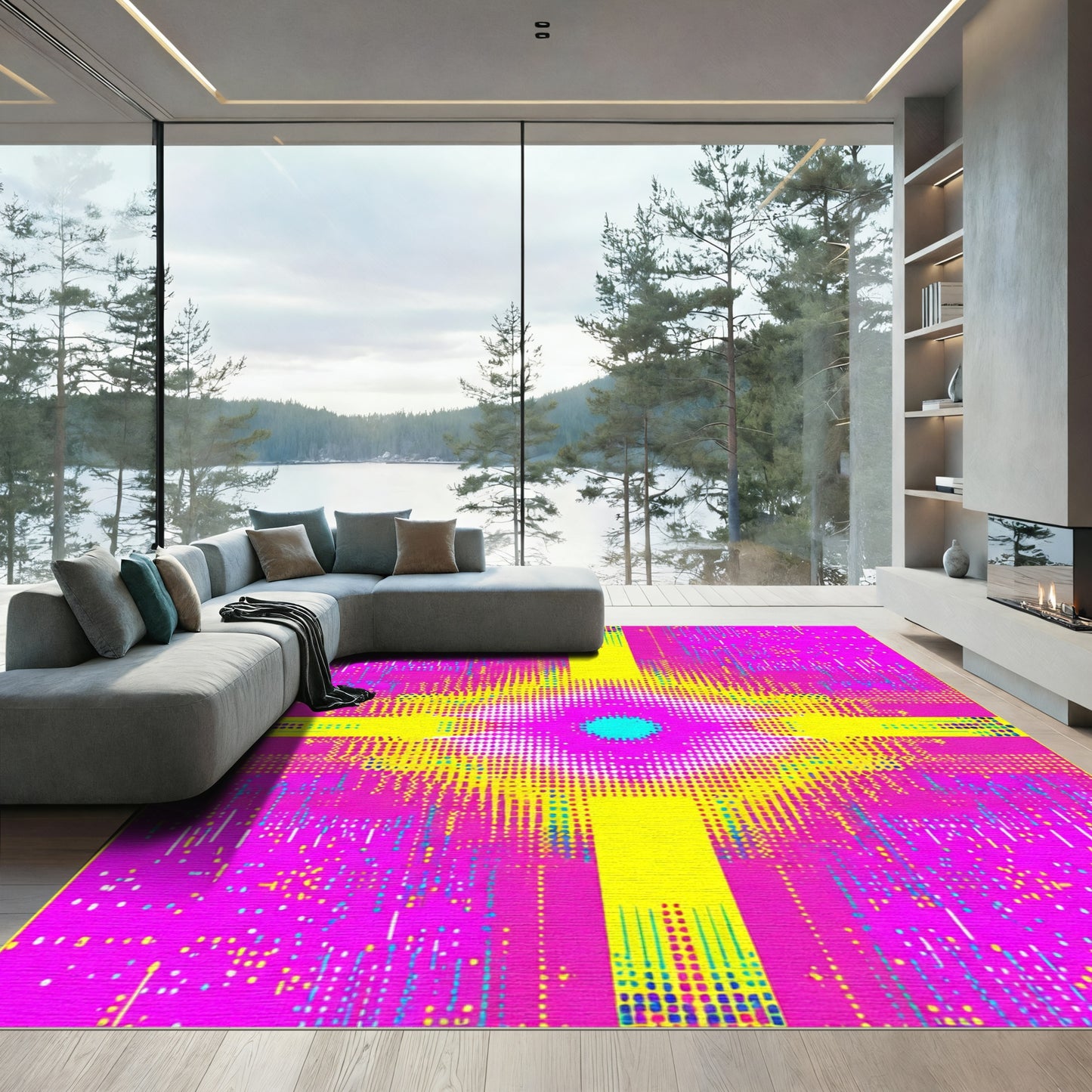 Vibrant Cyan Yellow Pink Dotted Rug