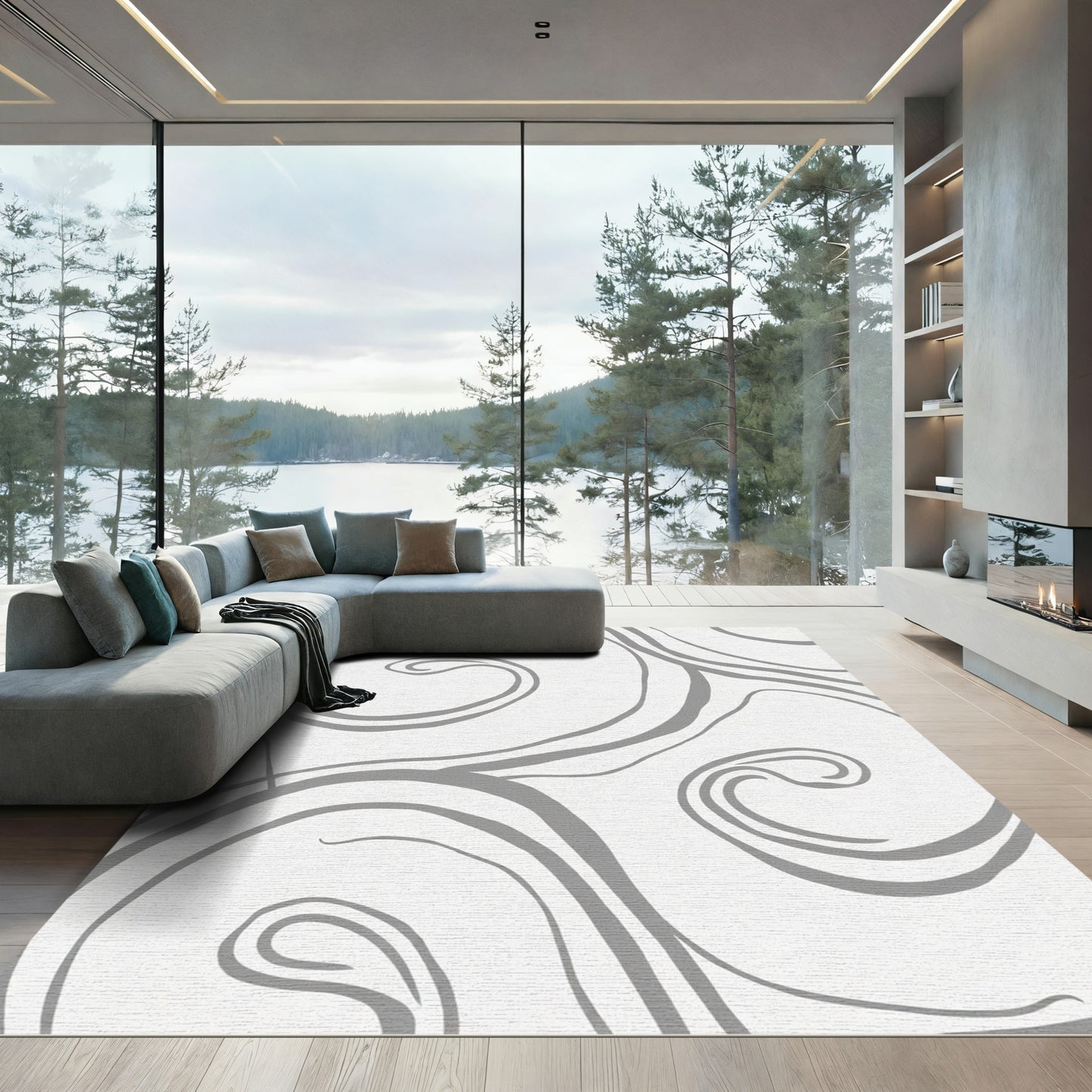Gray Swirl Abstract Line Art Rug
