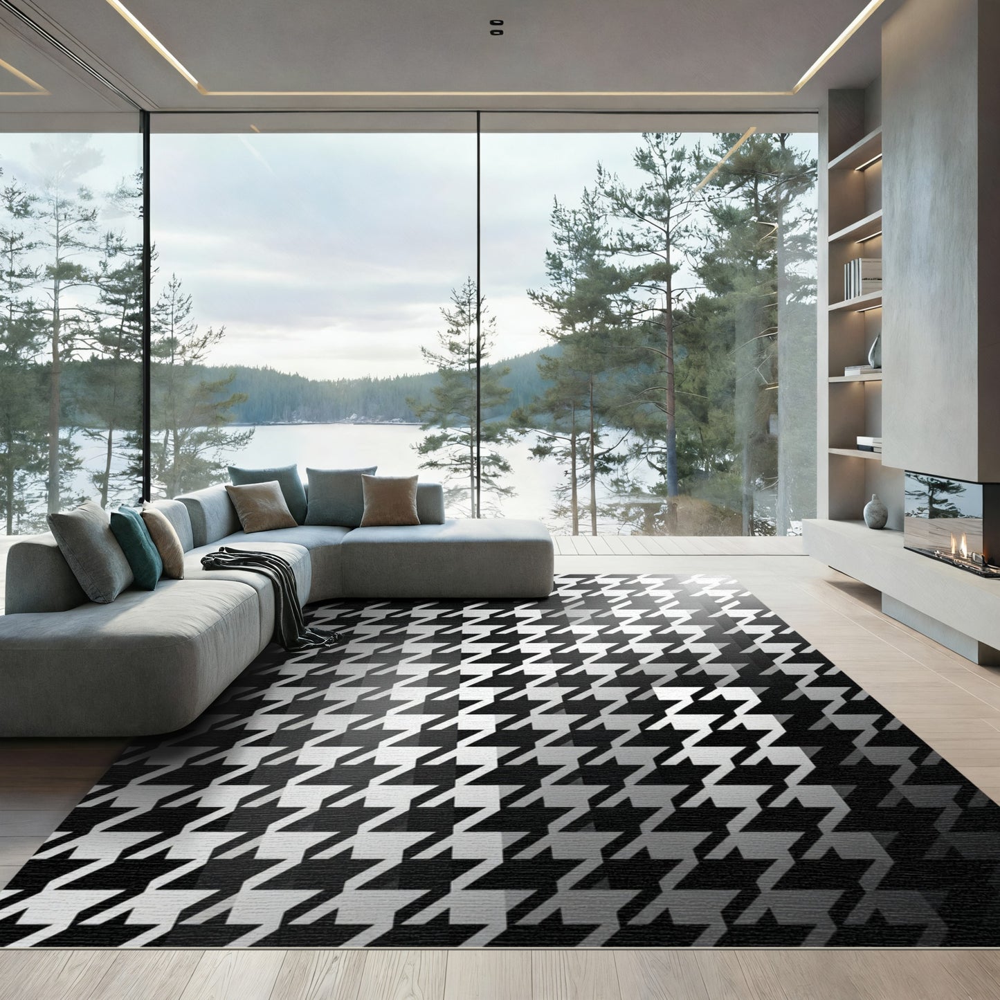 Monochrome Houndstooth Gradient Geometric Abstract Rug